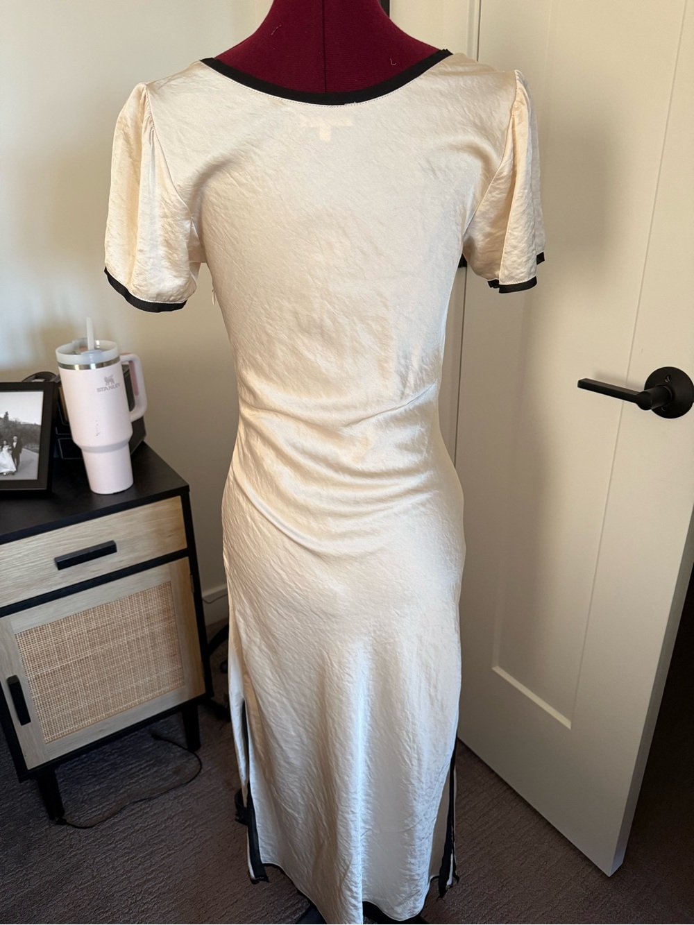 bohme Cream Midi Dress with Black Trim and Puff Sleeves - Picture 3 of 4